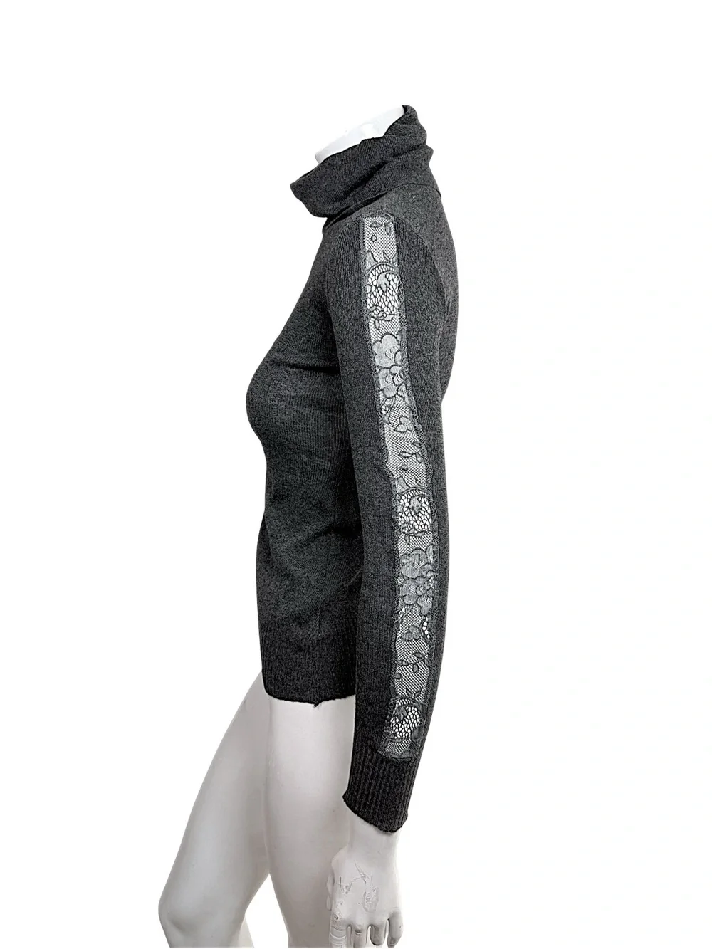 CHANEL Vintage Fall 2008 Grey CC Logo Lace Sleeve Turtleneck Sweater
